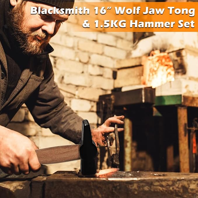 Upgraded Blacksmith Wolf Jaw Tong & Professional Blacksmiths’ Hammer Set, Replace Cross-Peen Swedish Pattern Hammer (16 inch set)