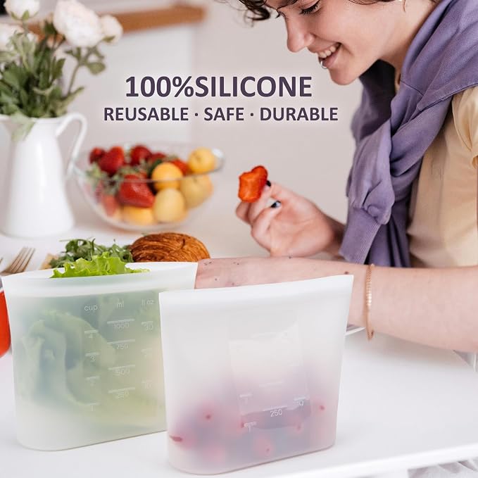 Small Reusable Silicone Food Storage Bags 4 Pack, 33fl oz/1000ml, 100% Silicone Stand-Up Wide-Open Zip-Lock Reusable Bags for Small Items, Microwave Freezer Oven Dishwasher Safe, Translucent