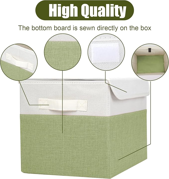 Bagnizer Large 22 Quart Linen Fabric Foldable Storage Bin Cube Organizer Basket with Flip-Top Lid & Handles, Clothes Blanket Box for Home, Office, Closet, Green & White, 4 Pack 14.6 x 9.5 x 9.5