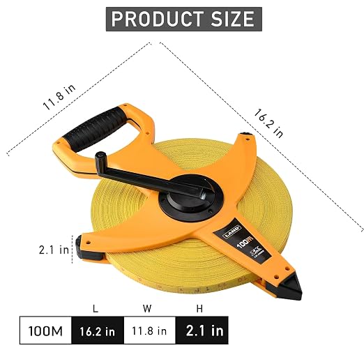 LAND 330FT/100M Heavy Duty Fiberglass Tape Measure - 1/2-Inch Wide, Dual Inch/Metric Scale, Durable Open Reel Measuring Tape for Surveying, Engineering, Runway Construction