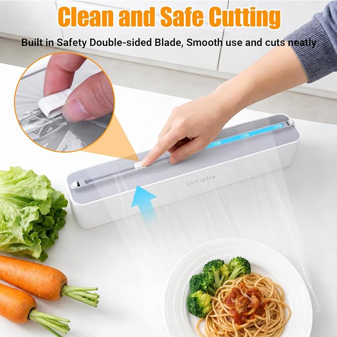 Magnetic Plastic Wrap and Foil Dispenser with Cutter, Fits for Max 12.8In x 328Ft Cling Film, Adhesive Wall Mounted Aluminum Foil and Wrap Organizer Holder for Kitchen