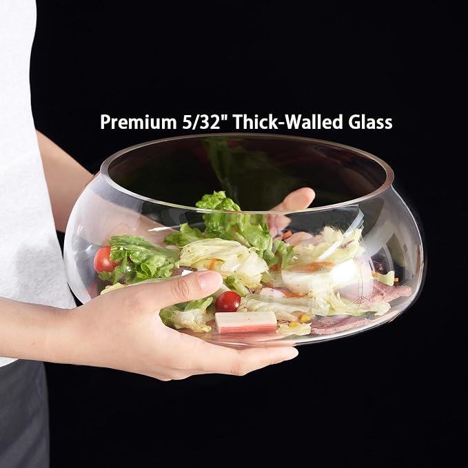 Large Glass Salad Bowl Set - 4.5 Quart Mixing Bowl With Acacia Wood Base And Serving Utensils, 5/32 Inch Extra Thick Wall, Decorative Fruit Bowl - Kitchen Must-Have