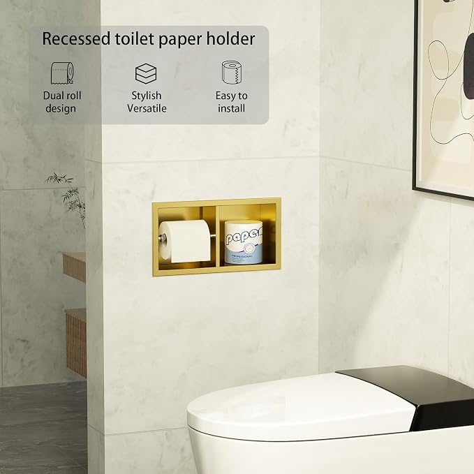 Neodrain Dual Roll Recessed Toilet Paper Holder - 304 Stainless Steel, Hidden in-Wall Design, Simple Loading and Unloading, Space-Saving for Modern Bathrooms（Gold