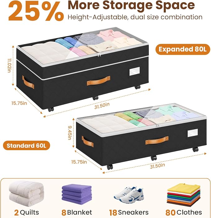 80L 2 Pack Adjustable Under Bed Storage with Wheels | Underbed containers with clear lids, rolling under bed shoe storage organizer for dorm home clothes, blankets, toys, black