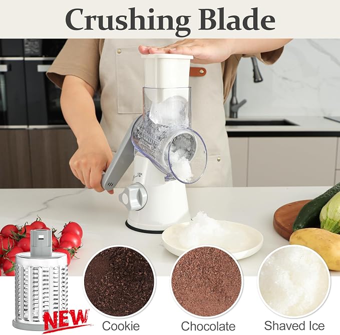 Cambom Rotary Cheese Grater Hand Crank Cheese Shredder for Fresh Cheese, Vegetable, Nuts,Non-slip Suction Base, Five Blades, White