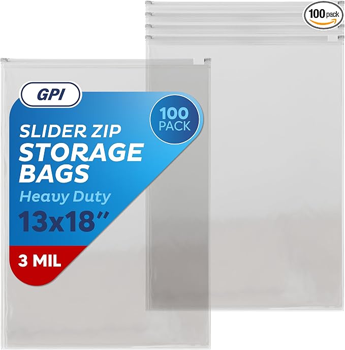 100 Count - Slider Zip 2.5 Gallon Jumbo Food Storage Bags, 13" x 18" 3 Mil Heavy Duty, Extra Large, Strong & Durable For Freezer Storage. GPI