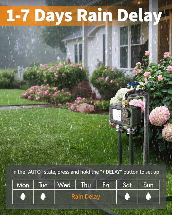 Brass Hose Timer 2 Outlets for Outdoor Watering, Diivoo IP66 Waterproof Programmable Sprinkler Timer with Large Digital Display, Rain Delay & Manual Watering for Garden Lawn Yard Automatic Irrigation