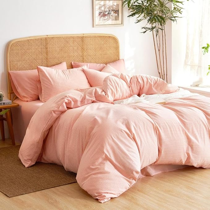 Wake In Cloud - Striped Cotton Duvet Cover Set, 100% Washed Cotton Textured Bedding Set, Ticking Stripe Pinstripe Farmhouse, 3 Pieces, Light Pink, Queen Size