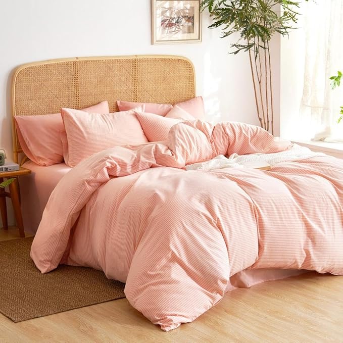 Wake In Cloud - Striped Cotton Duvet Cover Set, 100% Washed Cotton Textured Bedding Set, Ticking Stripe Pinstripe Farmhouse, 3 Pieces, Light Pink, Full Size
