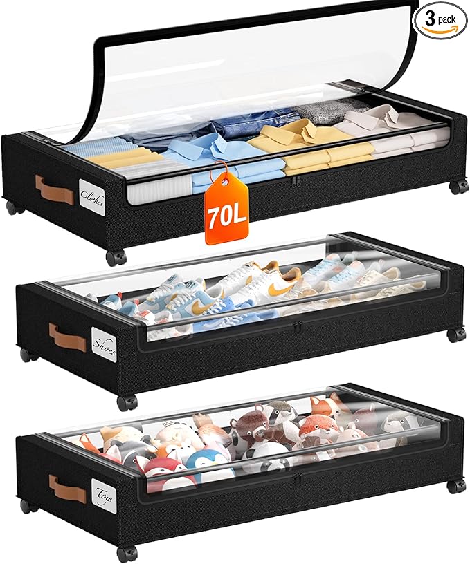 Yecaye 70 L Under Bed Storage with Wheels, 3 Pack Larger Capacity Under Bed Storage Containers, Underbed Shoe Storage Organizer, Rolling Under Bed Metal Drawers for Clothes, Blankets, Black