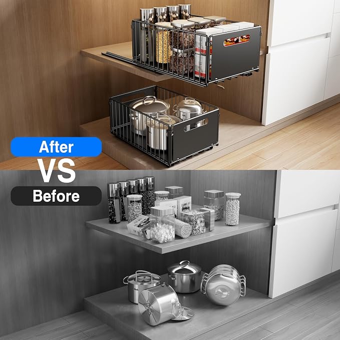 Mustorn 2 Pack Pull Out Cabinet Organizer, Slide Out Drawers for Cabinets, Peel and Stick, Heavy Duty Shelves for Kitchen, Cupboard, Pantry, Bathroom (14.76" D*9.65" W*7.87" H-Black)