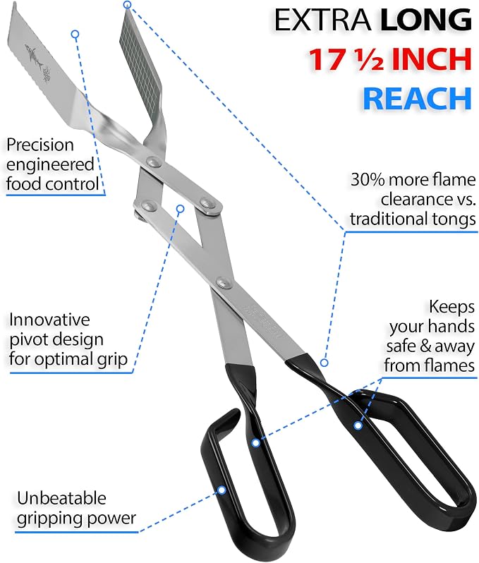 Grill Tongs - 17 inch Black. Professional steak grilling utensil. Long reach Barbeque Grilling Tongs. Ideal for steak, fish, burger, and sausage