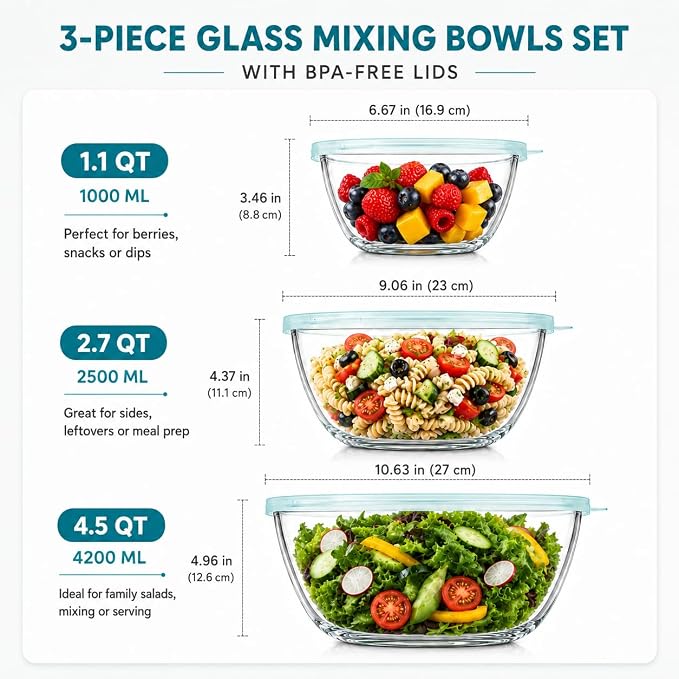Luvan Glass Mixing Bowls with Lids Set(4.5QT, 2.7QT, 1.1QT)-Large Glass Mixing Bowls, Clear Salad Bowl for Baking, Cooking, Serving, Food Prep, 3PC Nesting Bowls for Kitchen Storage & Dishwasher Safe