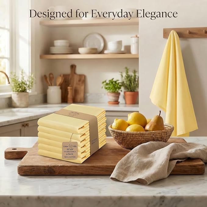 Urban Villa Kitchen Towels 100% Cotton Dish Towels for Kitchen(Set of 6)20”x30” Dish Cloths Highly Absorbent Kitchen Linen Set with Hanging Loop Perfect for Drying Dishes Cleaning Hand Towels – Yellow