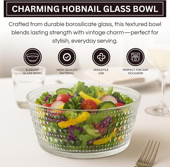 Khen Hobnail Glass Bowl Breaded Clear Borosilicate Decorative Tableware for Fruit, Salad or Centerpiece Display, Vintage Style 7 Inch Round Dish Ideal for Dining Table, Coffee Table or Kitchen Use