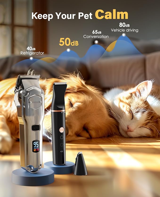 oneisall Dog Grooming Kit for Thick/Matted Hair with Stainless Steel Blade | Powerful Motor, Dog Clippers+Paw Trimmers, IPX7 Waterproof, Low Noise, Cordless & Long Battery Life