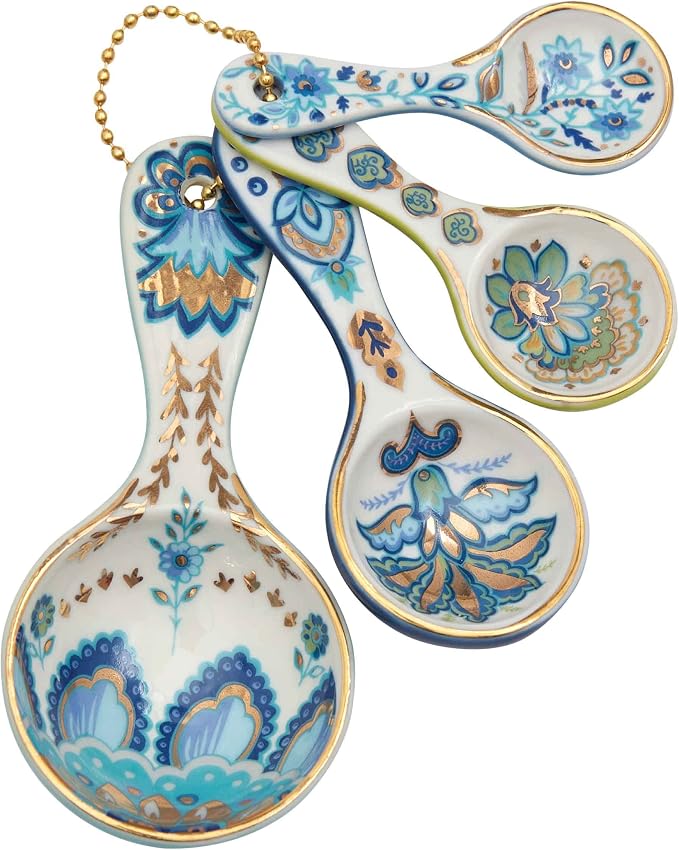Mary DiSomma’s Ceramic Measuring Spoons (Set of 4) | Unique Signature Floral Print Design for each, Gold Overlay, Teal, Blue, Robin’s Egg Blue, Lime Green, Metallic Gold Chain, Boxed gift set