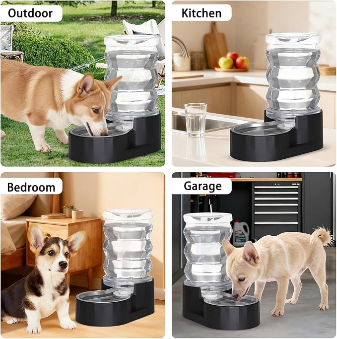 RIZZARI 7L Dog Water Bowl Dispenser:Black Stainless Steel Gravity Bowl | Built-In Filtration/Clear Water Reservoir/Spill-Resistant Design/Easy Water Monitoring/Food-Grade Materials/Indoor Daily Use