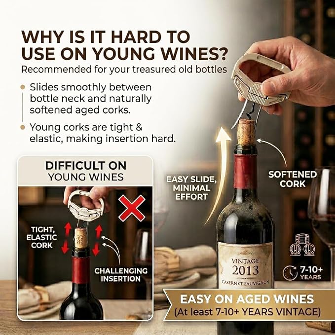 Professional Wine Opener for Vintage Bottles - Hybrid Corkscrew & Ah-So Cork Puller Set, 304 Stainless Steel Two-Prong Remover for Fragile Old Corks, Recognized by Sommeliers