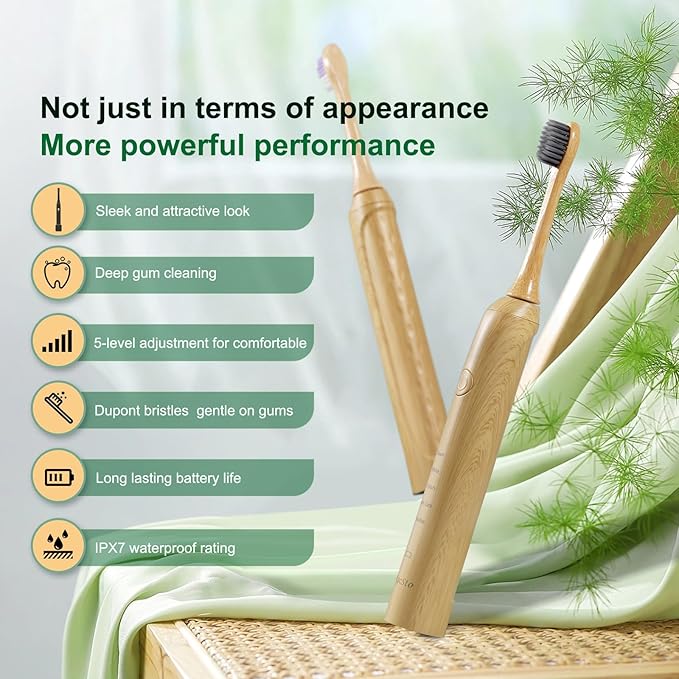 Sonic Bamboo Electric Toothbrush for Adults - Rechargeable Electric Toothbrush -4 Pack Bamboo Repalcement Brush Heads| 5 Cleaning Modes Long-Lasting Battery