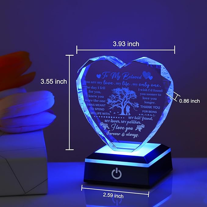 ZHSHWAT Romantic Crystal Heart Night Light for Wife Love Tree Engraved Keepsake from Husband | Anniversary, Birthday, Valentine's Day Gift for Her I Love You Forever & Always