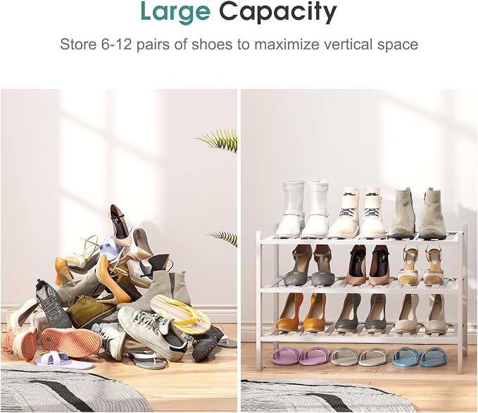 viewcare White Shoe Rack, 3-Tier Bamboo Wood Shoe Rack for Closet, Entryway & Hallway, and Stackable Shoe Shelf Storage Organizer for Indoor and Outdoor