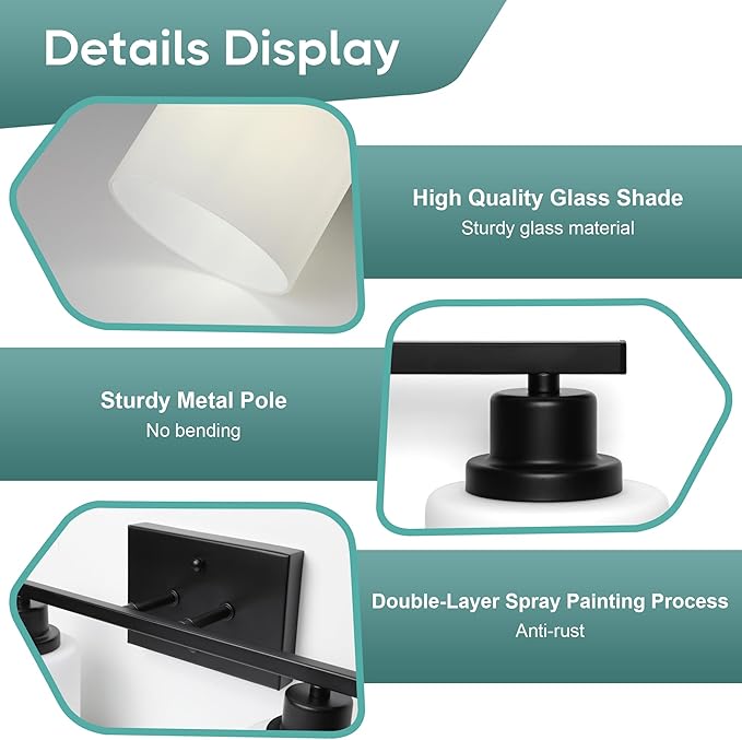 Ascher Bathroom Light Fixtures, 2-Light Vanity Light Over Mirror, Matte Black Wall Sconces with Milky White Frosted Glass Shades, Wall Lamp for Living Room Bedroom, E26 Base(Bulbs Not Included)