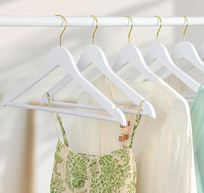 TOPIA HANGER Wooden Hangers 30 Pack, White Wood Coat Hanger with 360° Swivel Gold Hook, Non Slip Pants Bar and Shoulder Notches for Camisole, Jacket, Pants, Smooth Finish Clothes Hangers -CT34WG30