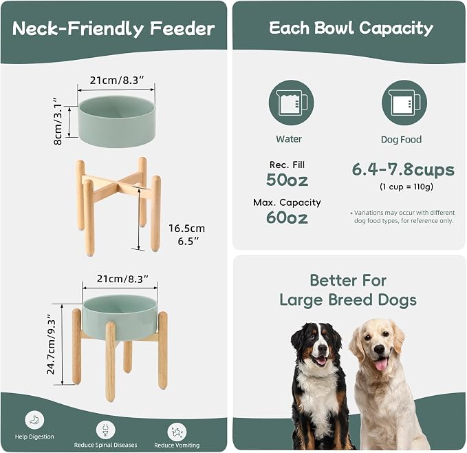 Havniva Elevated Dog Bowls Ceramic Dog Bowls with Stand, Dog Food Bowl | 8.3” Raised Dog Bowls with Non-Slip Wood Stand, Dog Food and Water Bowl Set, Dog Feeding Bowls for Large Dogs