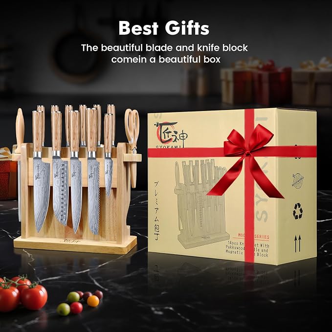 SYOKAMI 2026 Upgrade Knife Set 14 Japanese Style Kitchen Knife Set with Torii-Style Magnetic Block, Razor-Sharp High Carbon Stainless Steel Knives Set for Kitchen with Anti-Slip Handle, Ideal for Gift