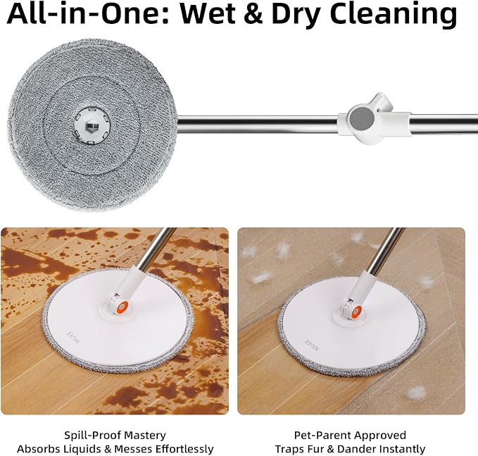 3-in-1 Spin Mop and Bucket Set with Clean Water Separation, 71” Extra Long Handle for Wall Cleaning, 3 Specialized Heads for Baseboards & Corners, 6 Microfiber Refills for Hardwood Floor Care