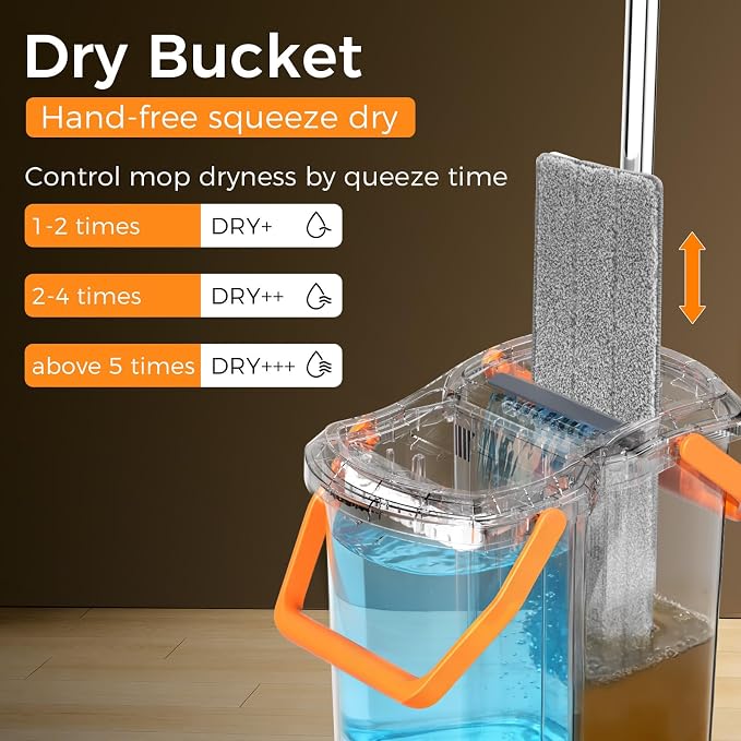 Flat Mop and Bucket Set with Wringer, Hands-Free Floor Mop System | Detachable Stackable Bucket, Hands-Free Wringing, Wet & Dry Microfiber Pads, Wall & Floor Cleaning