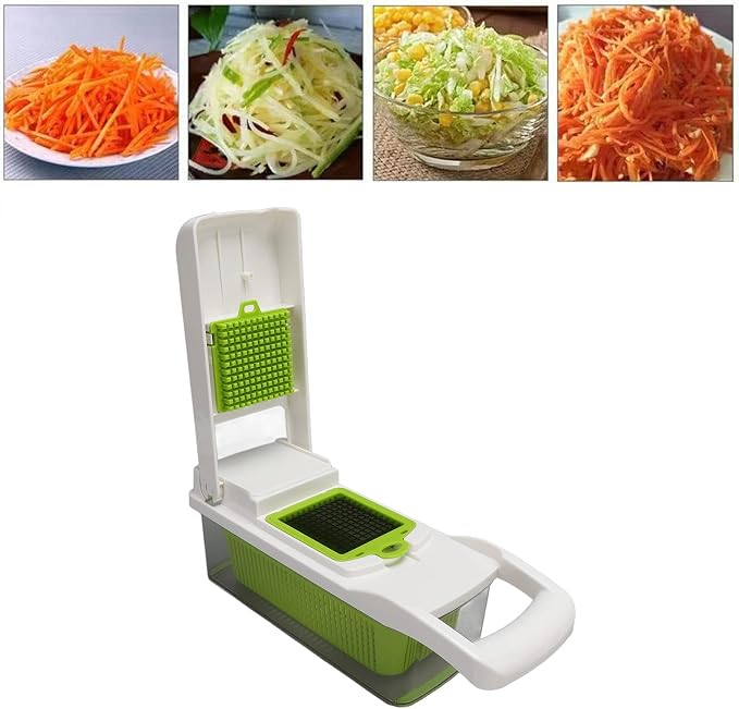 Vegetable Cutter Peeler Chopper Grater, Stainless Steel Kitchen Tool with Anti - Slip Handle and Blade Container for Potato Carrot Onion, 12 - Piece Set for Home (White)