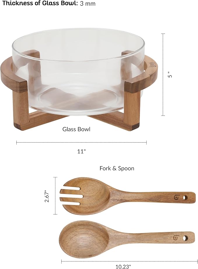 Large Glass Salad Bowl Set with Acacia Wood Stand, Serving Spoon and Fork, 11 Inch Clear Glass Mixing Bowl for Pasta Fruits Veggies, Elegant Dinner Table Centerpiece Serving Dish