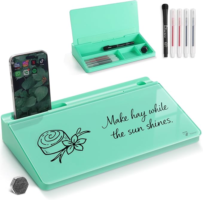TOWON Small Compact Glass Desktop Whiteboard with Storage – 12 x 7 in Dry Erase Board for Desk, Home Office, School | Includes 5 Markers, Eraser & Holder | Space-Saving Organizer, Aesthetic Mint Green
