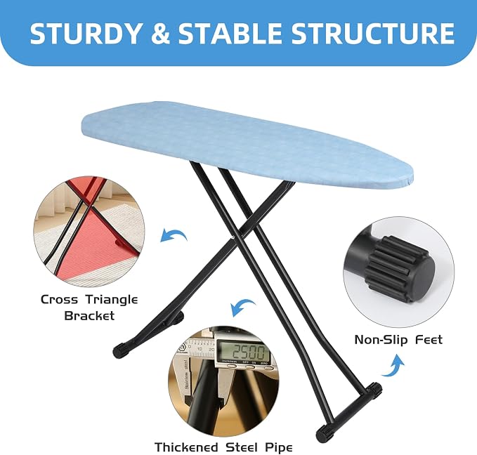 Ironing Board Adjustable Height Folding Ironing Board with Iron Pad, Heat-Resistant Cover, Thick Steel Tube Compact Iron Board (Blue)