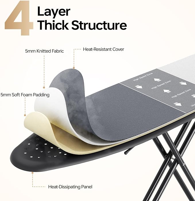 Foldable Ironing Board Standard Size, Iron Board Table Stand Foldable, Space-Saving Iron and Ironing Boards Set, Folding Ironing Boards Full Size with High Speed Zone & Silicone Rest 13x43 Steel Gray