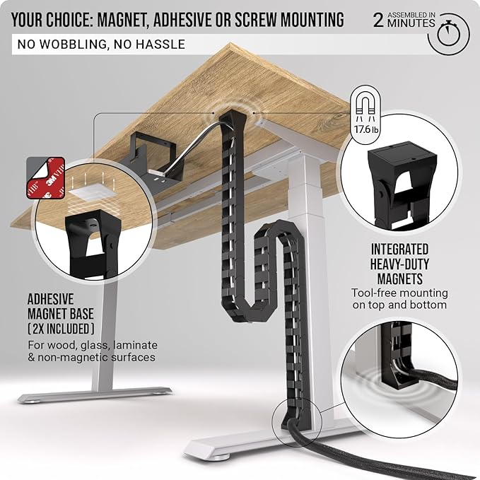 Ultimate Setup Under Desk Cable Management Vertebrae - Perfect for Sit Stand Desk - Wire Management - Adjustable Length - Flexible Cable Spine - Black, 133 cm