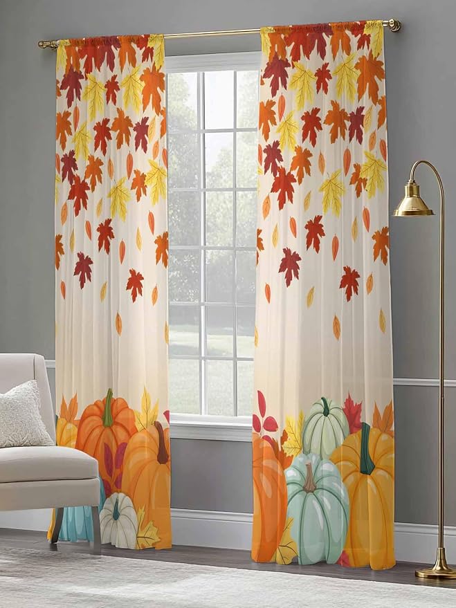 Thanksgiving Fall Chiffon Semi-Sheer Curtain 108 Inch,Autumn Pumpkins Maple Leaves Rod Pocket Voile Window Curtain Panels,Orange Watercolor Tulle Curtains Drape for Living Room/Sliding Door, 104"x108"