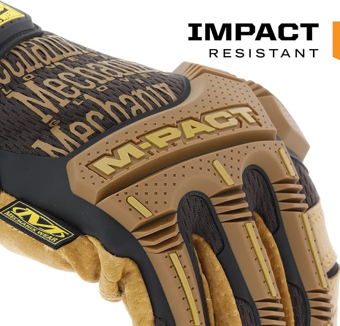Mechanix Wear M-Pact Leather Gloves - Leather Impact-Resistant Work Gloves for Hand Support - Breathable Design - Shock Absorbing - Machine Washable - Brown/Black - Small