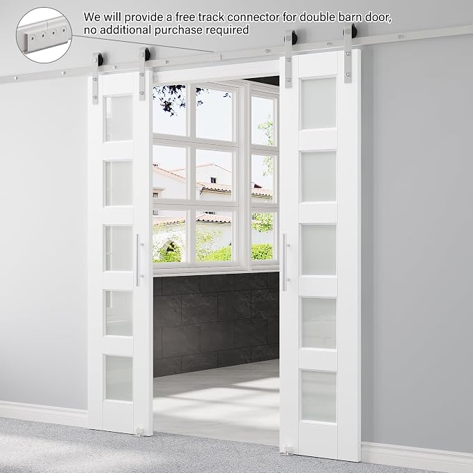 36" x 80" Pre-Assembled Double Barn Door and 12FT Track Hardware Kit Included & Handle, 5-Lites Frosted Glass Sliding Barn Doors for Closet Bathroom Bedroom, Solid & Water-Resistant MDF, Paintable