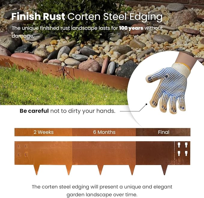 Corten Steel Landscape Edging 8in x 40in Strips, 6-Pack 20ft | Rusted, Hammer-In, 8 Inch Tall, Metal Edging for Garden, Border, Steel Landscaping, for Landscape, Yard, Lawn, Pathway
