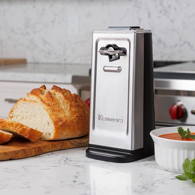 Kenmore Smooth Edge Electric Can Opener, Black & Stainless Steel | Side-cut blade opens regular and pop-top cans, handles extra-tall cans, and helps prevent sharp edges.