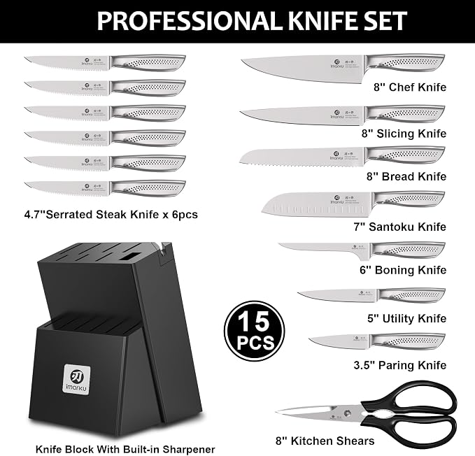 imarku® Kitchen Knife Set, 15 Pcs Japanese Knife Set with Block, Premium Razor-Sharp Chef Knives Set for Kitchen with Sharpener, Rust-Proof, Ergonomic Full-Tang Handle, Black