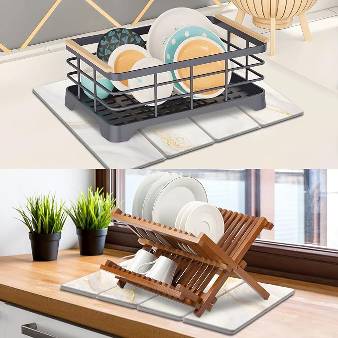 Large Stone Dish Drying Mat for Kitchen Counter, 2 PCS Quick Dry Stone Mats, Foldable Water Absorbing Diatomaceous Earth Drying Dishes Pad for Countertop Bottle Utensil Cup(Yellow White 24"x16"&8"x4")