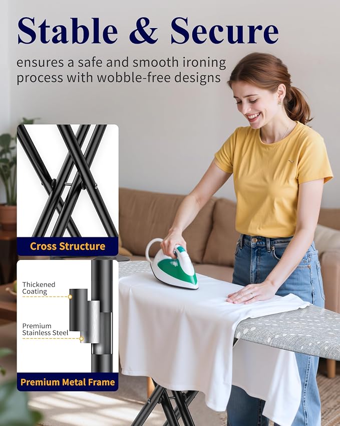 Kitsure Folding Ironing Board - Height Adjustable Iron Board in Full Size, Wobble-Free & Heavy-Duty Ironing Board with Cover and Pad for Heat Resistance, Grey, 43" L x 13" W x 35.8" H