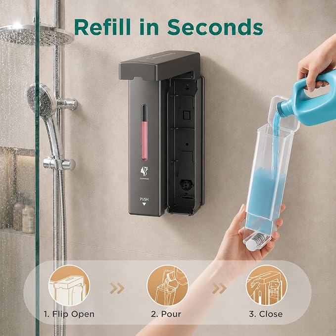 Shampoo and Conditioner Dispenser Wall Mounted, 3-Chamber Shower Soap Dispenser for Bathroom, 1200ML Large Capacity, No-Drill Installation, Clog-Free Pump for Thick Liquids (grey-2-pack)
