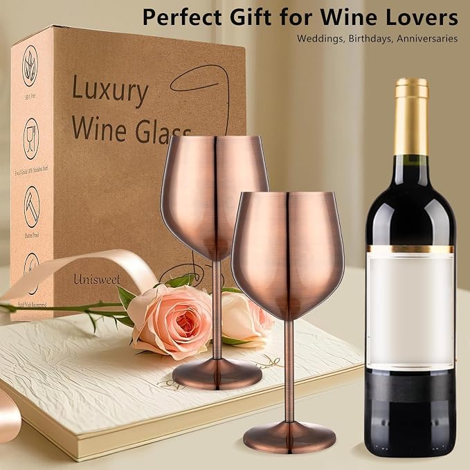 UNISWEET Unbreakable Stainless Steel Wine Glasses Set of 2, Red Copper | 17oz Unique Fancy Metal Wine Goblets, Shatterproof, Ideal for Outdoor, Camping, Travel, Pool, Great Gift for Wine Lovers