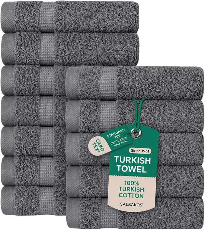 SALBAKOS 12-Piece 100% Turkish Cotton Washcloths and Face Towels, Gray | 13x13 in Standard Size Small Towel, Multi-use Bathroom & Kitchen, Thick Super Soft Absorbent Durable, Oeko-Tex Made in Turkey