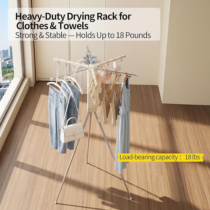 BIREN Foldable Clothes Drying Rack Tripod Clothes Rack with Clips Heavy Duty Laundry Rack Portable Clothing Racks for Travel, Camping, Hotel, Apartment, 6 Poles